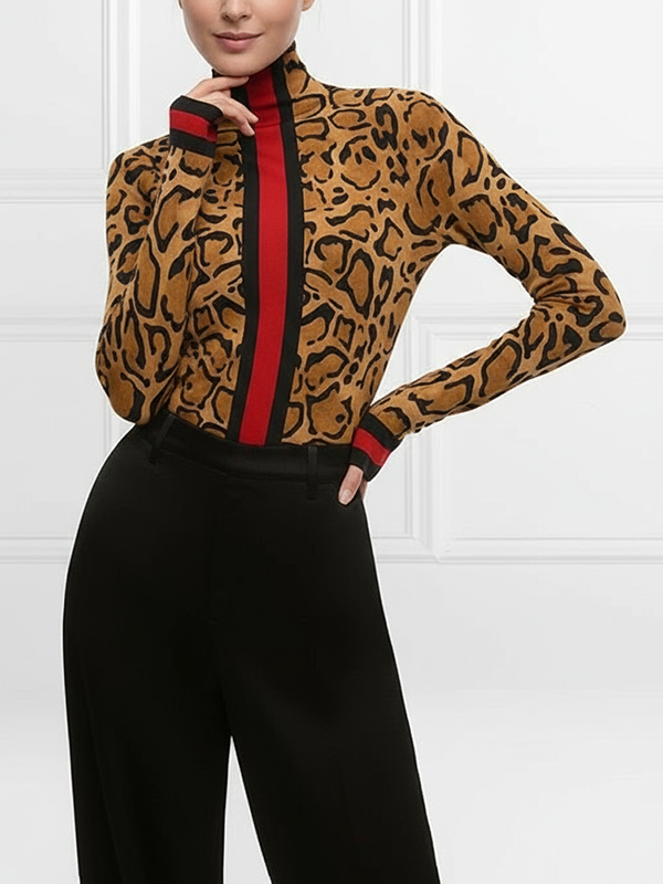 Long Sleeves Skinny Contrast Color Leopard High Neck T-Shirts Tops