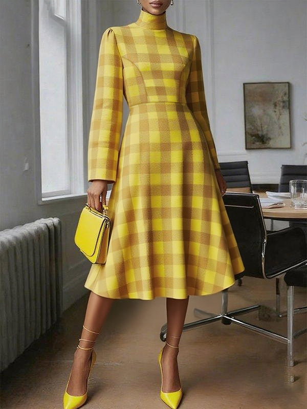 A-Line High Waisted Contrast Color Plaid High Neck Midi Dresses