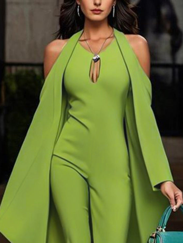 Batwing Sleeves Loose Hollow Solid Color Split-Joint Cold Shoulder Jumpsuits