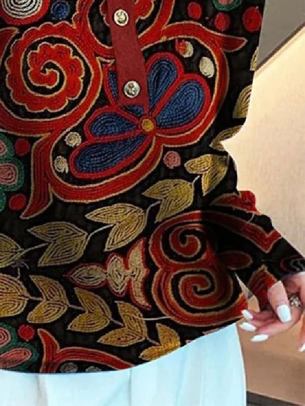 Long Sleeves Buttoned Knitted Flower High Neck Shirts Tops