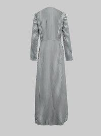 A-Line Loose Asymmetric Split-Joint Striped V-Neck Maxi Dresses Shirt Dress