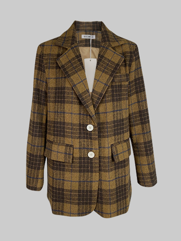 Plaid Split-Joint Lapel Jackets Woolen Coat
