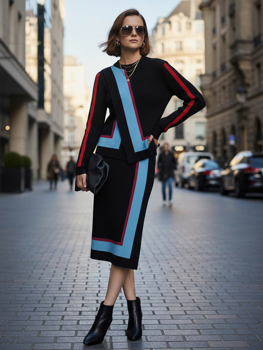 Irregularity Long Sleeves Abstract Printed Asymmetric Contrast Color Ribs Split-Joint Round-Neck Sweater Tops