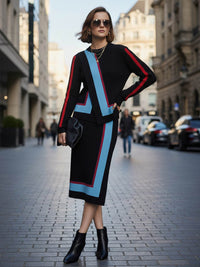 Irregularity Long Sleeves Abstract Printed Asymmetric Contrast Color Ribs Split-Joint Round-Neck Sweater Tops
