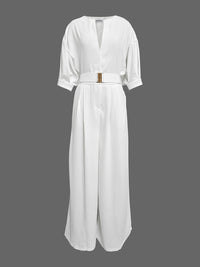 Half Sleeves Loose No Belt Solid Color Deep V-Neck Jumpsuits