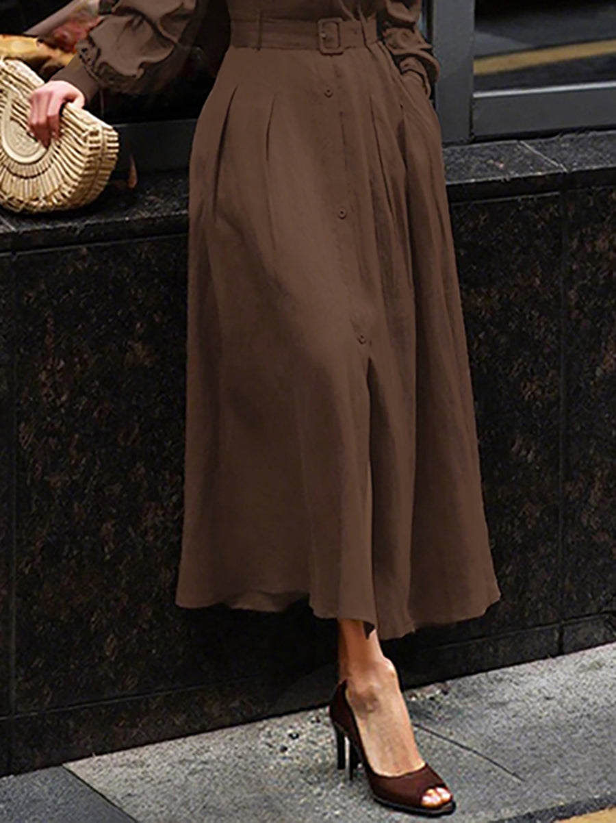 Loose Puff Sleeves Pleated Solid Color Split-Joint Lapel Maxi Dresses Shirt Dress