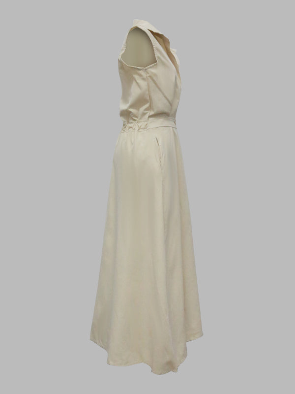 Sleeveless Solid Color Lapel Midi Dresses