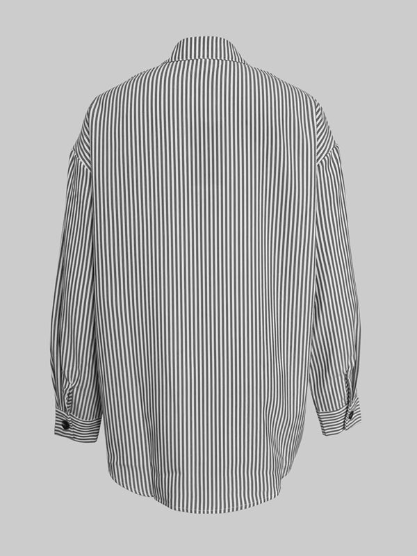 Buttoned Striped Long Sleeves Loose Stand Collar Blouses&Shirts Tops
