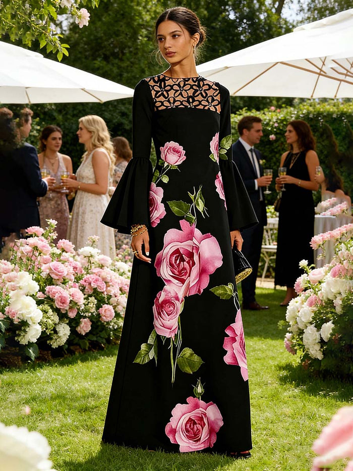 Flared Sleeves Long Sleeves Contrast Color Flower Print Hollow Print Split-Joint Round-Neck Maxi Dresses