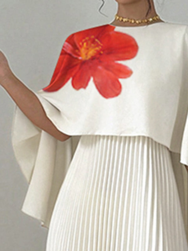 Floral Printed Pleated Split-Joint Cape Loose Round-neck Maxi Dresses Evening Dresses