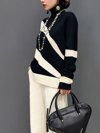 Long Sleeves Loose Contrast Color High Neck Sweater Tops
