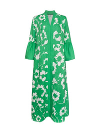 Flared Sleeves Loose Flower Print Pleated Pockets Split-Side V-Neck Maxi Dresses