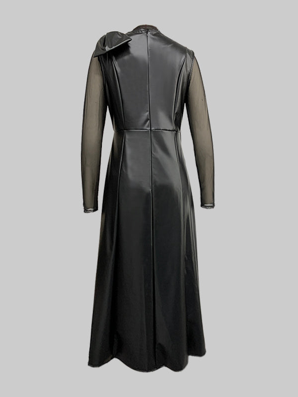 Bowknot Solid Color Split-Joint A-Line Long Sleeves Round-Neck Midi Dresses