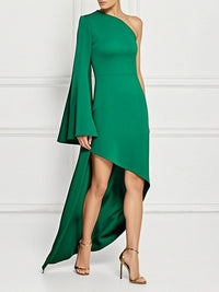 High-Low Long Sleeves Asymmetric Solid Color One-Shoulder Maxi Dresses