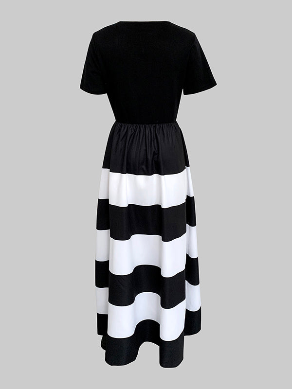 A-Line High Waisted Contrast Color Pleated Pockets Round-Neck Maxi Dresses