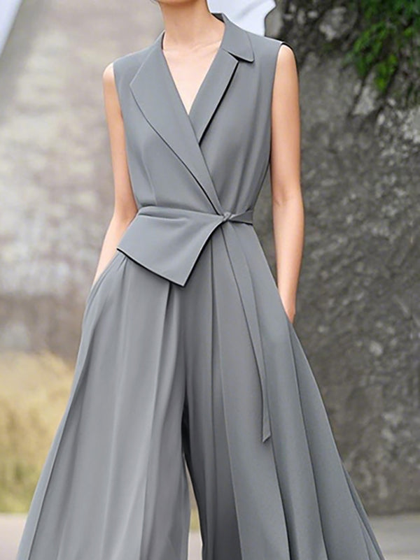 High Waisted Loose Pleated Pockets Solid Color Tied Notched Collar Jumpsuits