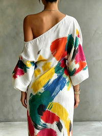 Asymmetric Contrast Color Pockets Printed Long Sleeves Loose One-shoulder Maxi Dresses