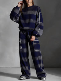 Long Sleeves Loose Contrast Color Line Split-Joint Striped Round-Neck Sweatershirt