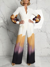 Long Sleeves Puff Sleeves Abstract Printed Contrast Color Split-Joint Stand Collar Blouses&Shirts Tops