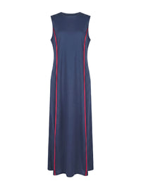 A-Line Loose Contrast Color Pockets Split-Joint Round-Neck Maxi Dresses
