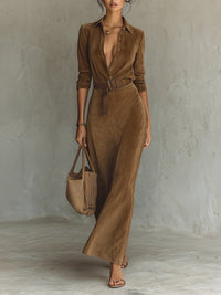 Long Sleeves Split-Joint Lapel Maxi Dresses Shirt Dress