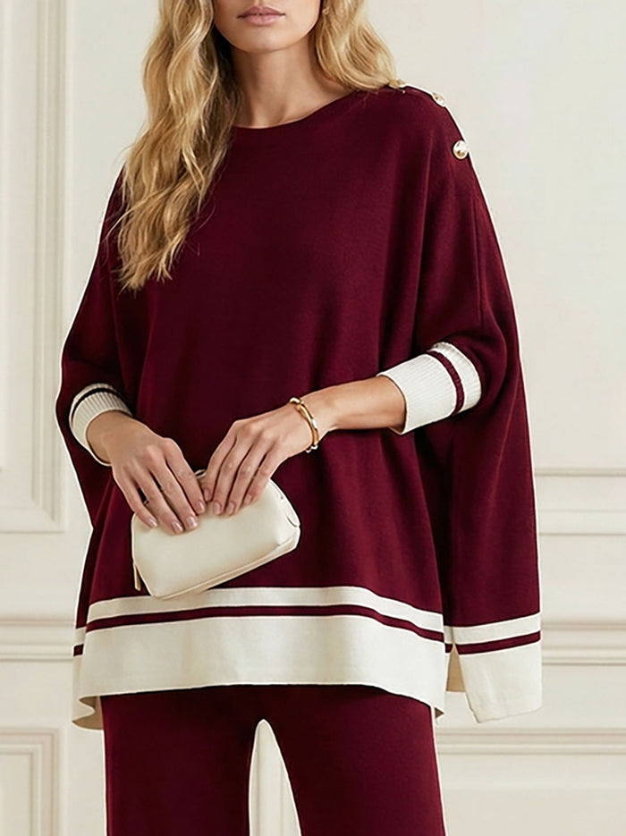Buttoned Split-Side High-Low Long Sleeves Round-Neck Sweater Tops Pullovers
