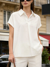 Casual Short Sleeves Loose Solid Color Lapel Collar Blouses&Shirts Tops