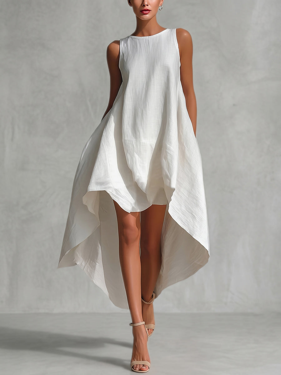 Solid Color Zipper A-Line High-Low Round-Neck Maxi Dresses