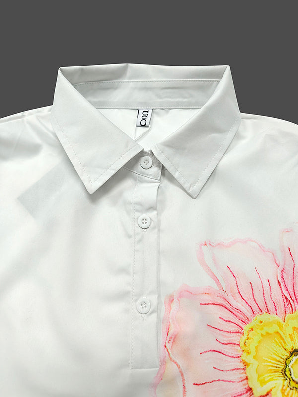 Floral Printed Split-Joint Split-side A-line Flared Sleeves Lapel Collar Shirt Dress Maxi Dresses