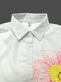 Floral Printed Split-Joint Split-side A-line Flared Sleeves Lapel Collar Shirt Dress Maxi Dresses