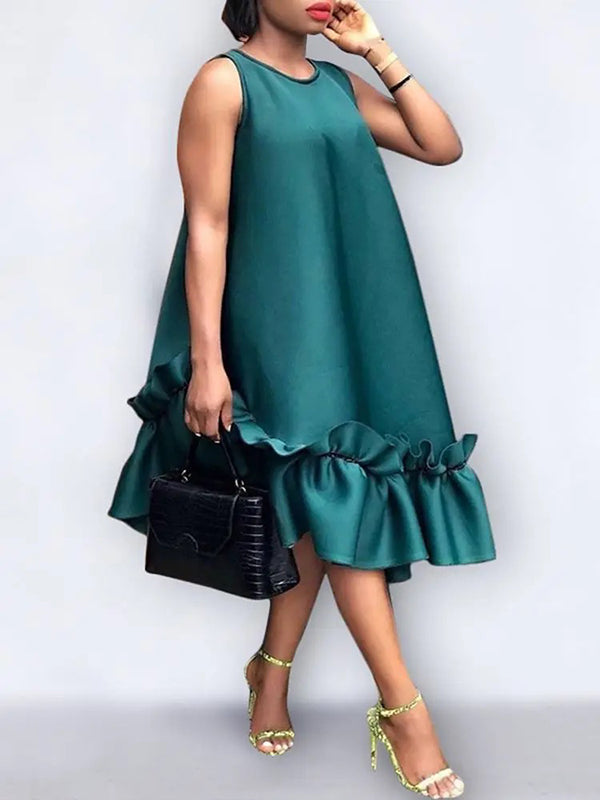 A-Line High Waisted Pleated Pockets Ruffle Trim Solid Color Round-Neck Midi Dresses