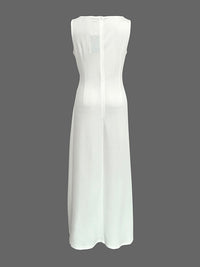 Sleeveless Gauze Pleated Solid Color Split-Joint Round-Neck Evening Dresses Maxi Dresses