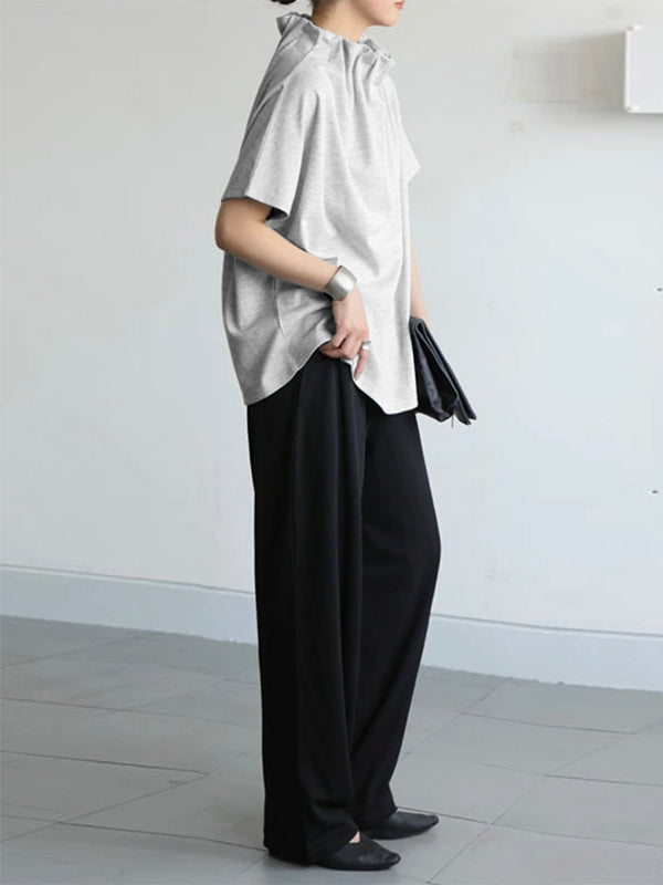 Loose Short Sleeves Solid Color Stand Collar T-Shirts Tops