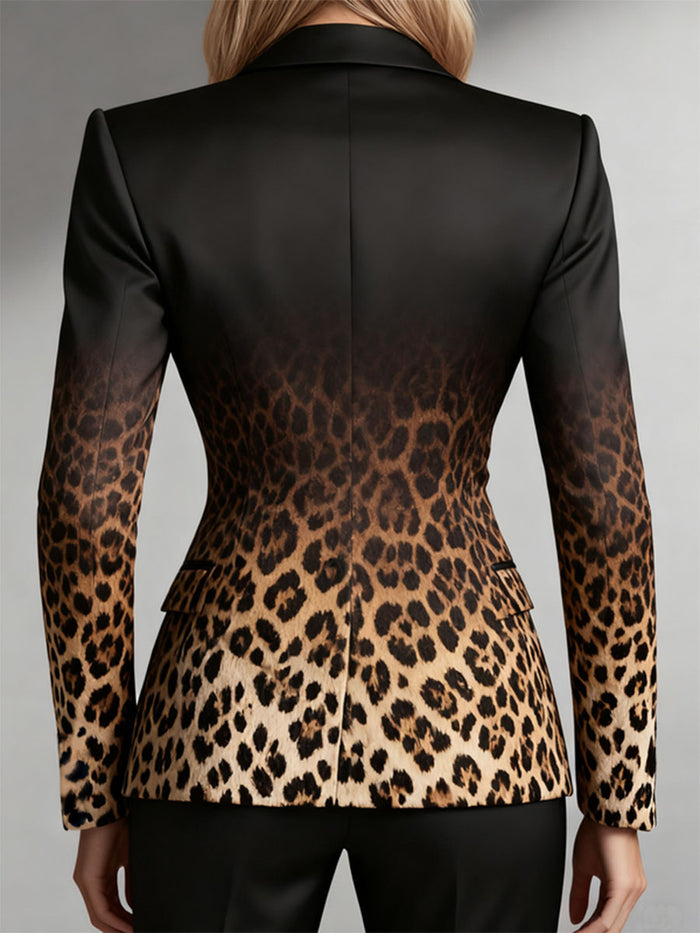 Buttoned Gradient Leopard Pockets Long Sleeves Notched Collar Outerwear Blazer