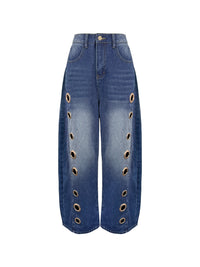 High Waisted Loose Buttoned Geometric Hollow Pockets Split-Joint Jean Pants Bottoms