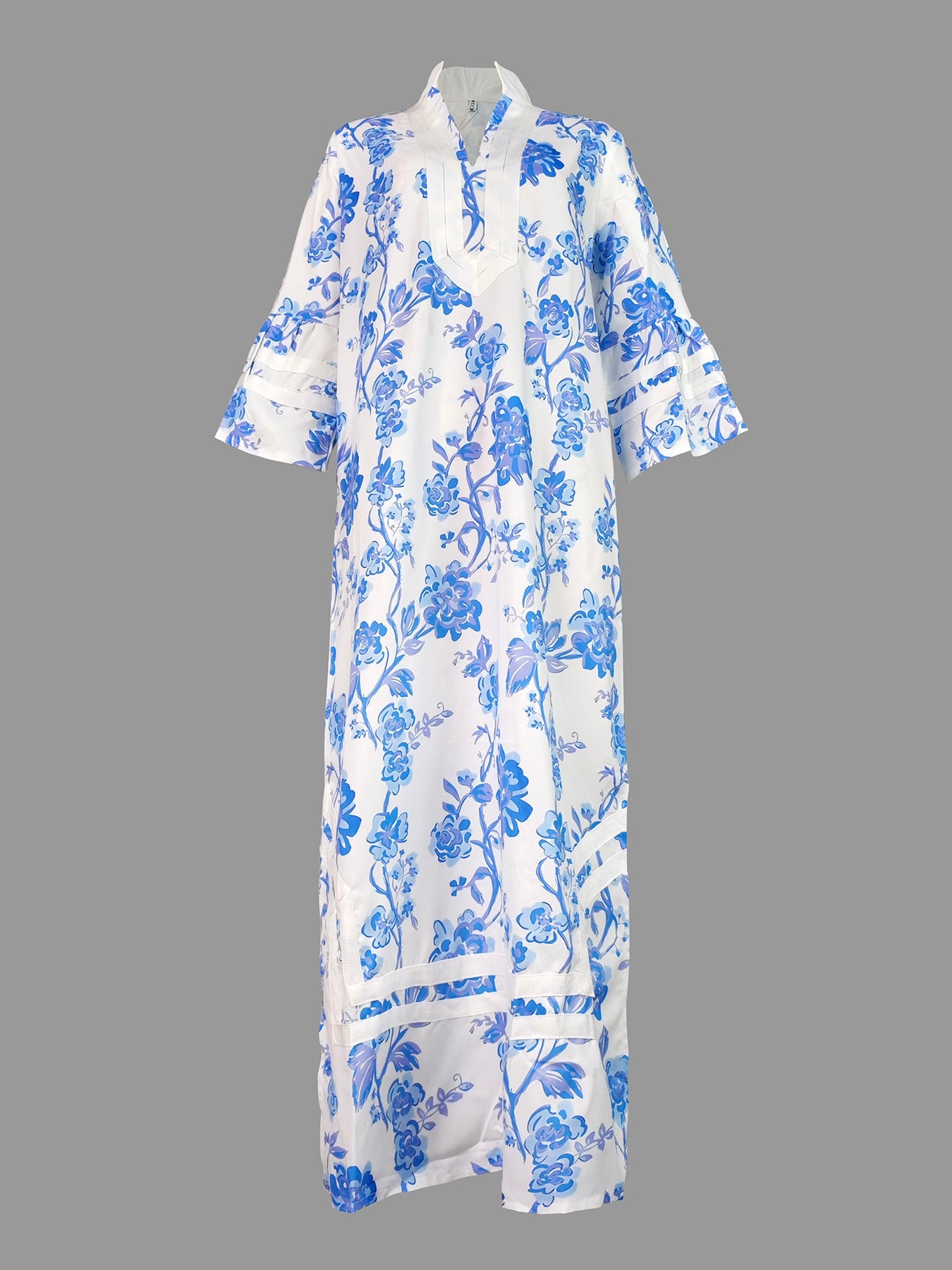 Flared Sleeves Loose Flower Print Split-Joint Split-Side Deep V-Neck Midi Dresses
