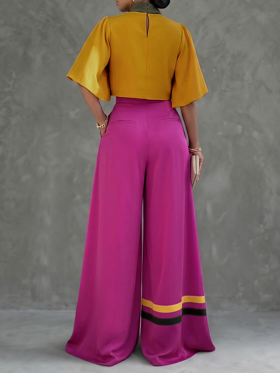 Buttoned Contrast Color Pockets High Waisted Wide Leg Trousers Pants