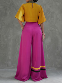 Buttoned Contrast Color Pockets High Waisted Wide Leg Trousers Pants