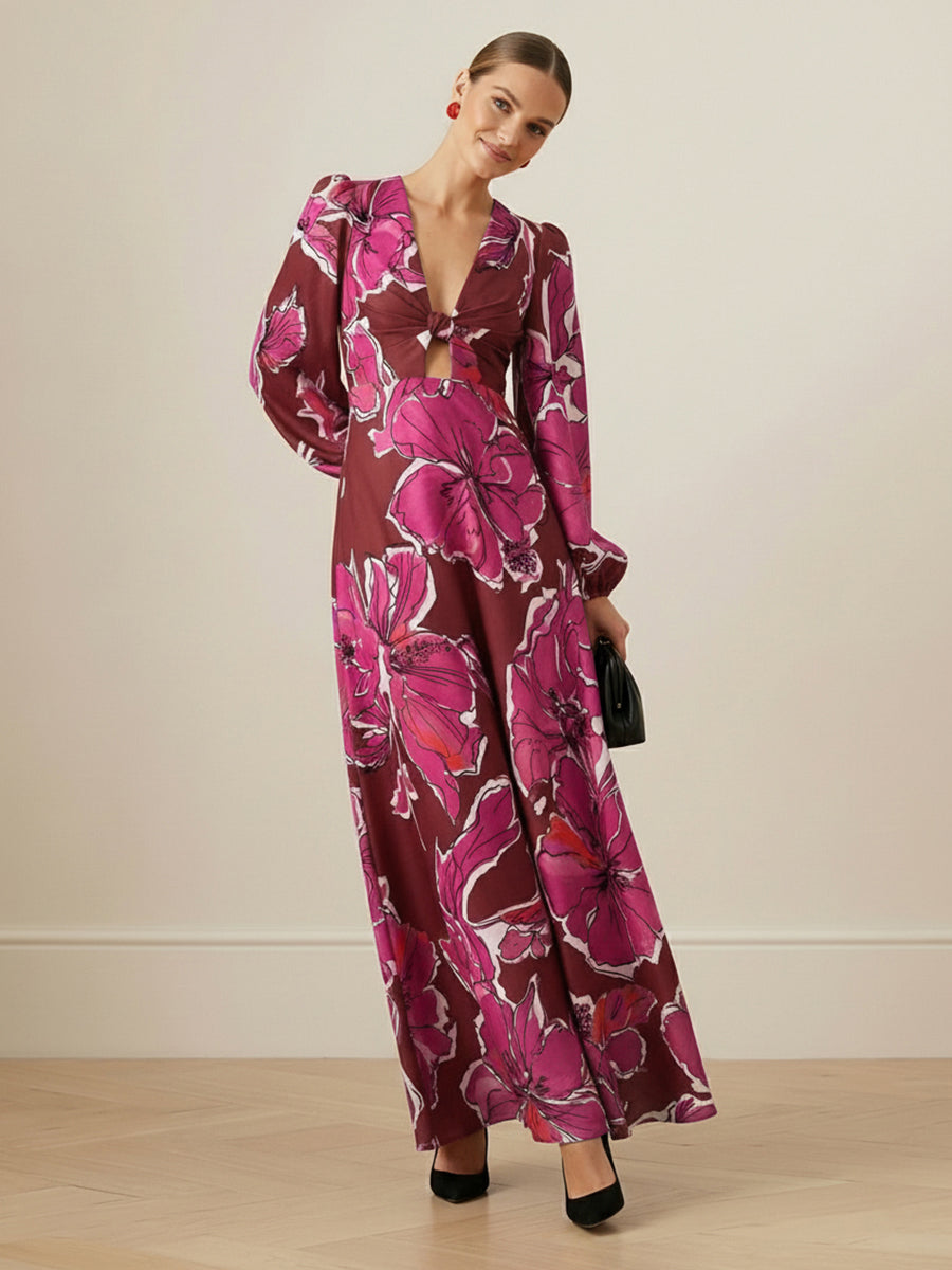 Elasticated Waist Long Sleeves Contrast Color Flower Print Hollow Split-Joint Twist Deep V-Neck Maxi Dresses