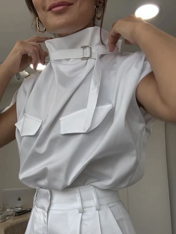 Loose Sleeveless Buckle Solid Color Stand Collar Blouses&Shirts Tops
