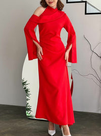 Flared Sleeves Asymmetric Buttoned Hollow Solid Color Zipper Cold Shoulder Evening Dresses Maxi Dresses