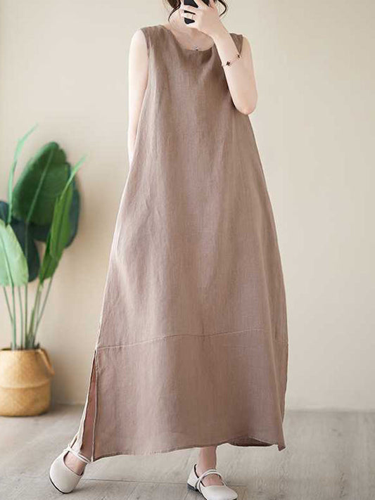 A-Line Loose Solid Color Round-Neck Midi Dresses