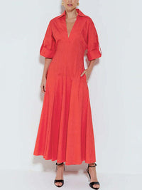 A-Line High Waisted Pleated Solid Color V-Neck Maxi Dresses Shirt Dress