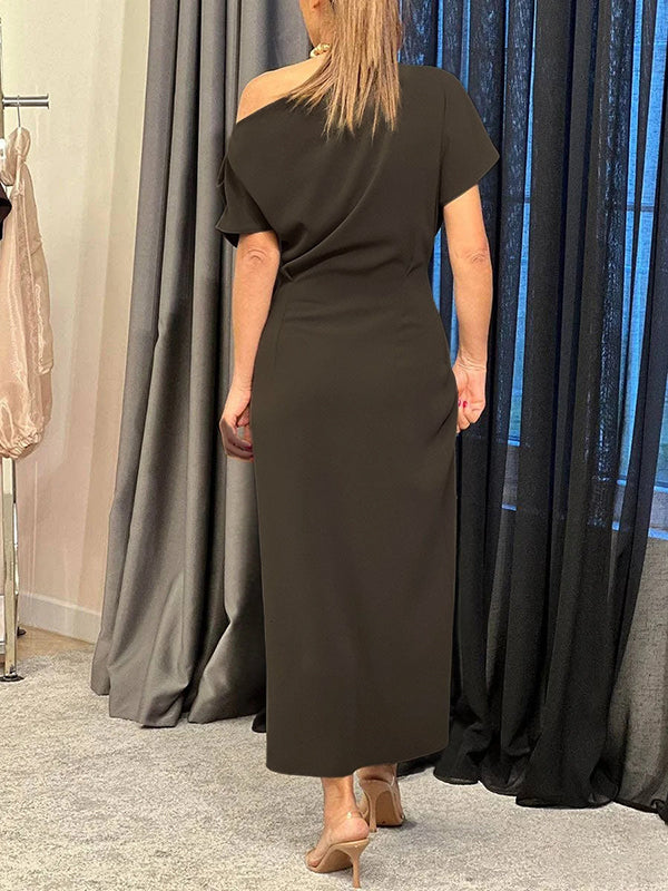 Raglan Sleeve Asymmetric Pleated Split-Front Split-Joint One-Shoulder Evening Dresses Maxi Dresses