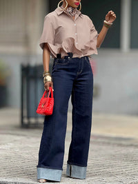 Loose Short Sleeves Ruffled Split-Joint Lapel Blouses