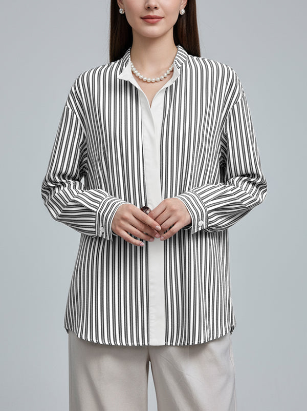 Buttoned Striped Long Sleeves Loose Stand Collar Blouses&Shirts Tops