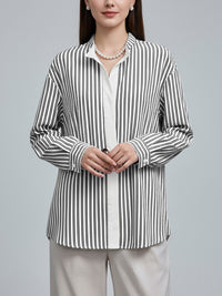 Buttoned Striped Long Sleeves Loose Stand Collar Blouses&Shirts Tops