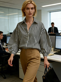 Long Sleeves Loose Buttoned Contrast Color Split-Joint Striped Lapel Blouses&Shirts Tops