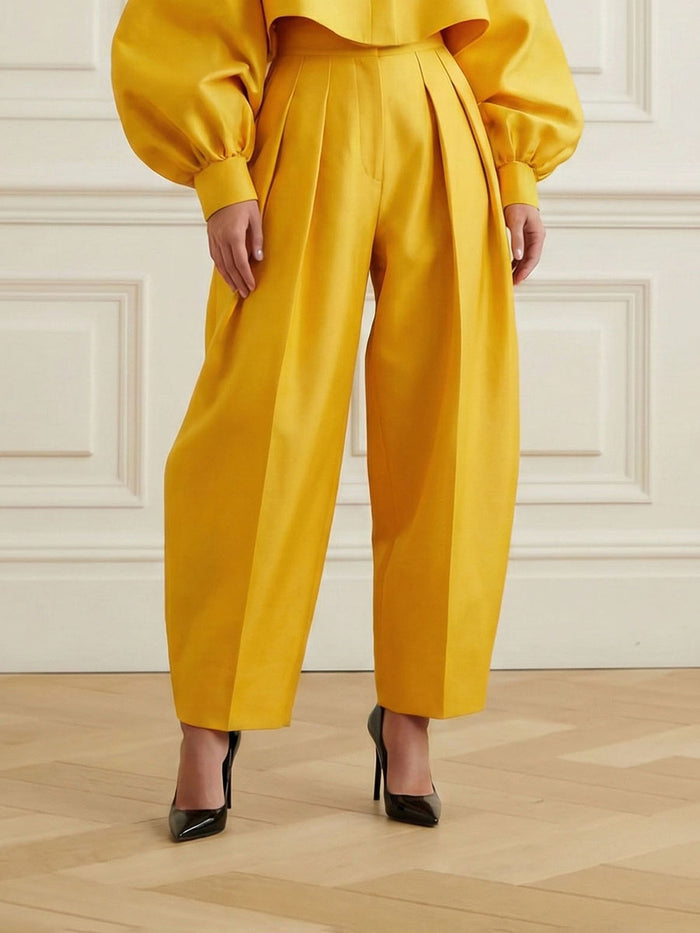Pleated Pockets Solid Color High-Low Loose Trousers Pants