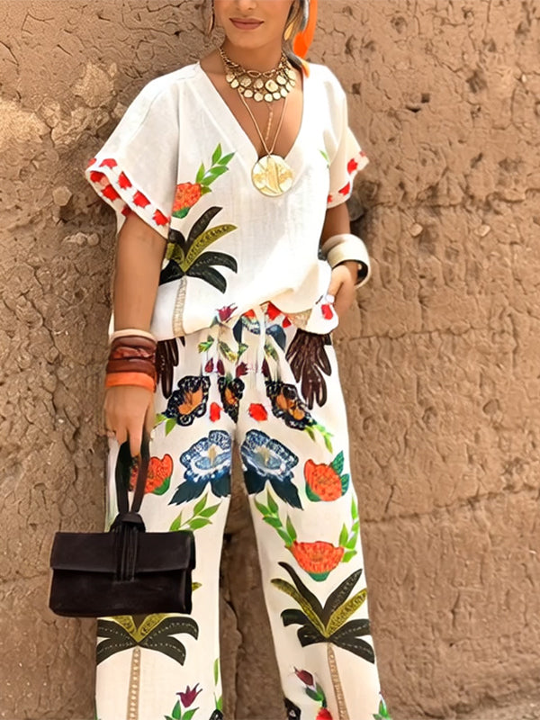 Drawstring Elasticity Printed Split-Joint High Waisted Loose Trousers Pants